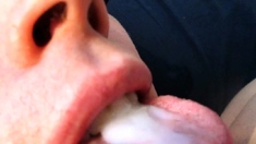Swallowing a hot load of gooey cum