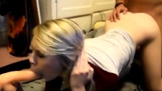 Horny blonde slut in threesome homemade sextape