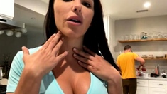 Busty curly brunette with big boobs fucks on couch