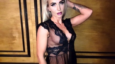 Shaved pussy blonde Tasha Reign with big boobs goes solo