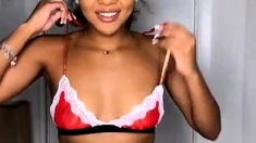 Glamour babe with big boobs masturbates in lingerie